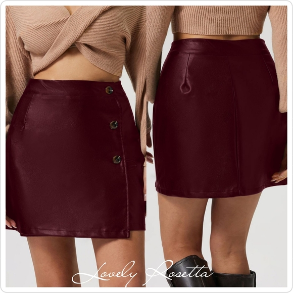 Burgundy High-Rise Mini Skirt with Classic Button Accents - Picture 2 of 6